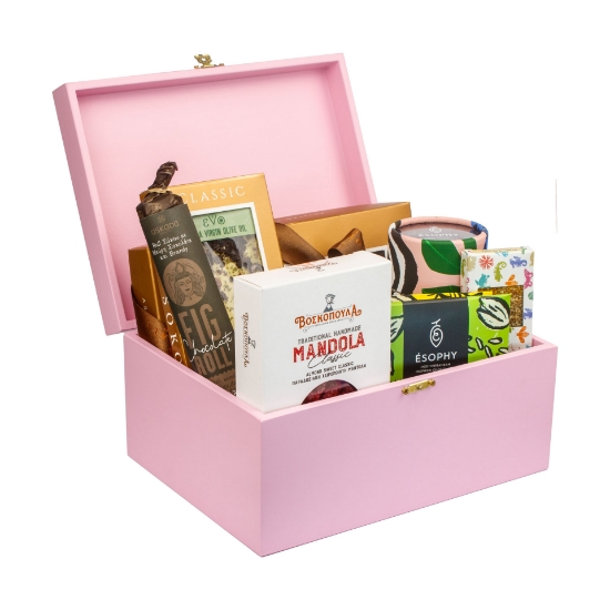 A luxurious pink wooden box overflowing with delicious Greek pastries, nuts, and cookies.