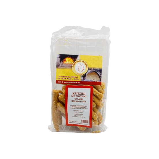 Elegant packaging of Artisanal Premium Cretan Sesame Breadsticks featuring whole wheat flour, olive oil, and sesame seeds.